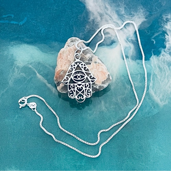 Silver Hamsa with Evil Eye Necklace, Hand of Fatima Chain, Religious Necklaces - Picture 9 of 11